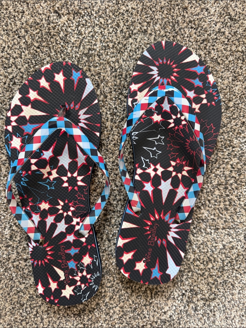 Vera Bradley Black Flip Flops with Red, Blue & White Starburst Print